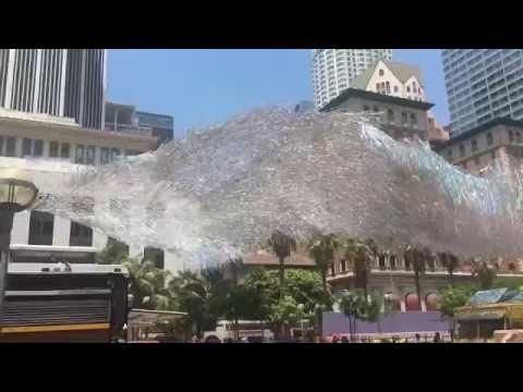 Silvery Art installation floating over Pershing Square, Los Angeles - Liquid Shard by Patrick Shearn