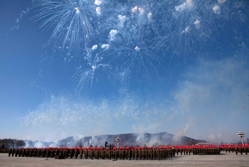 David Guttenfelder Feb. 16, 2012. Fireworks explode over the heads of North Korean soldiers lined up in formation at Kumsusan Memorial Palace in Pyongyang during a parade of thousands of soldiers commemorating the 70th birthday of the late Kim Jong-Il