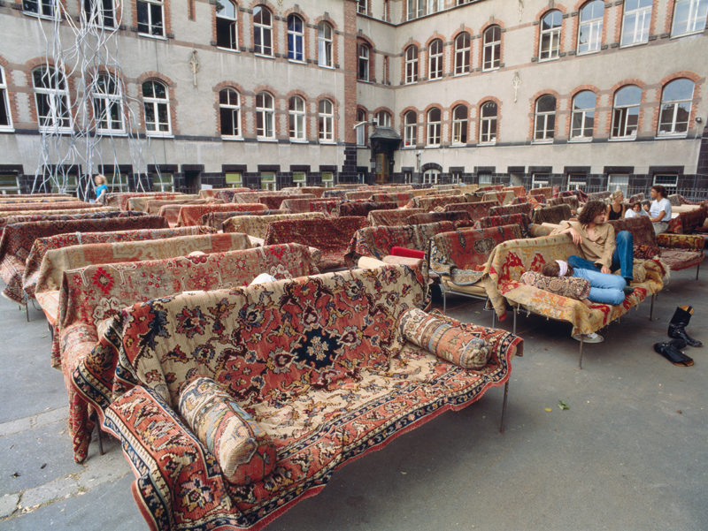 Franz West - Auditorium, 1992, 72 divans, 90 x 110 x 220 cm each, . Installation at documenta IX, Kassel