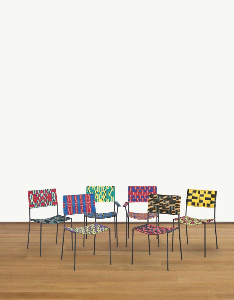 Franz West - Six Uncle Chairs, 2005, woven synthetic textile over steel tubular frame each 87.6 x 50.1 x 51.4 cm (34 1/2 x 19 3/4 x 20 1/4 in.)