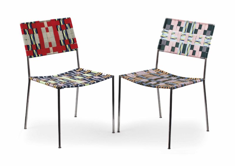 Franz West - Uncle Chairs , ca. 2001–2010, steel tubular frames with woven synthetic textile, in two parts, 85 x 51 x 54 cm. (33.5 x 20.1 x 21.3 in.)