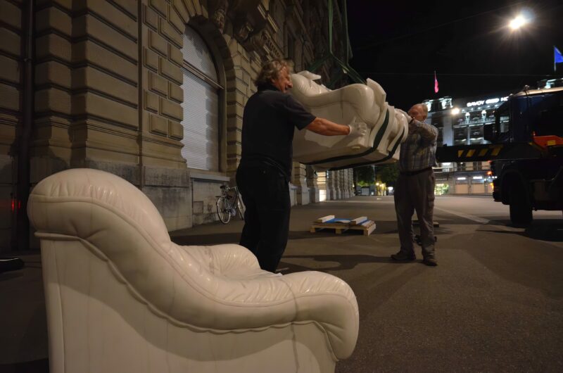 Installation of Ai Weiwei’s Sofa in White, 2011, marble, Paradeplatz, Zürich, Switzerland