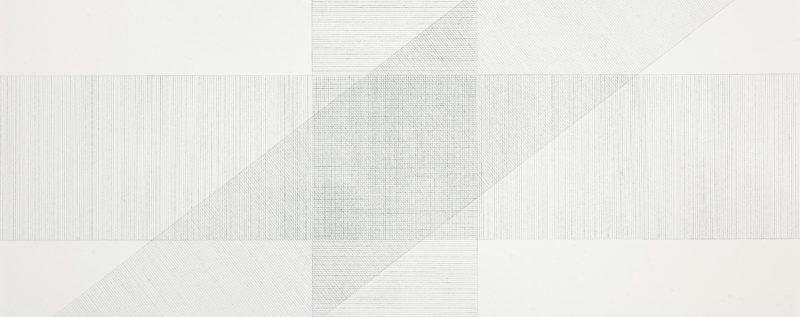 Sol LeWitt – Wall Drawing #16, September 1969, Black pencil, Bands of lines 12 inches (30 cm) wide, in three directions (vertical, horizontal, diagonal right) intersecting.