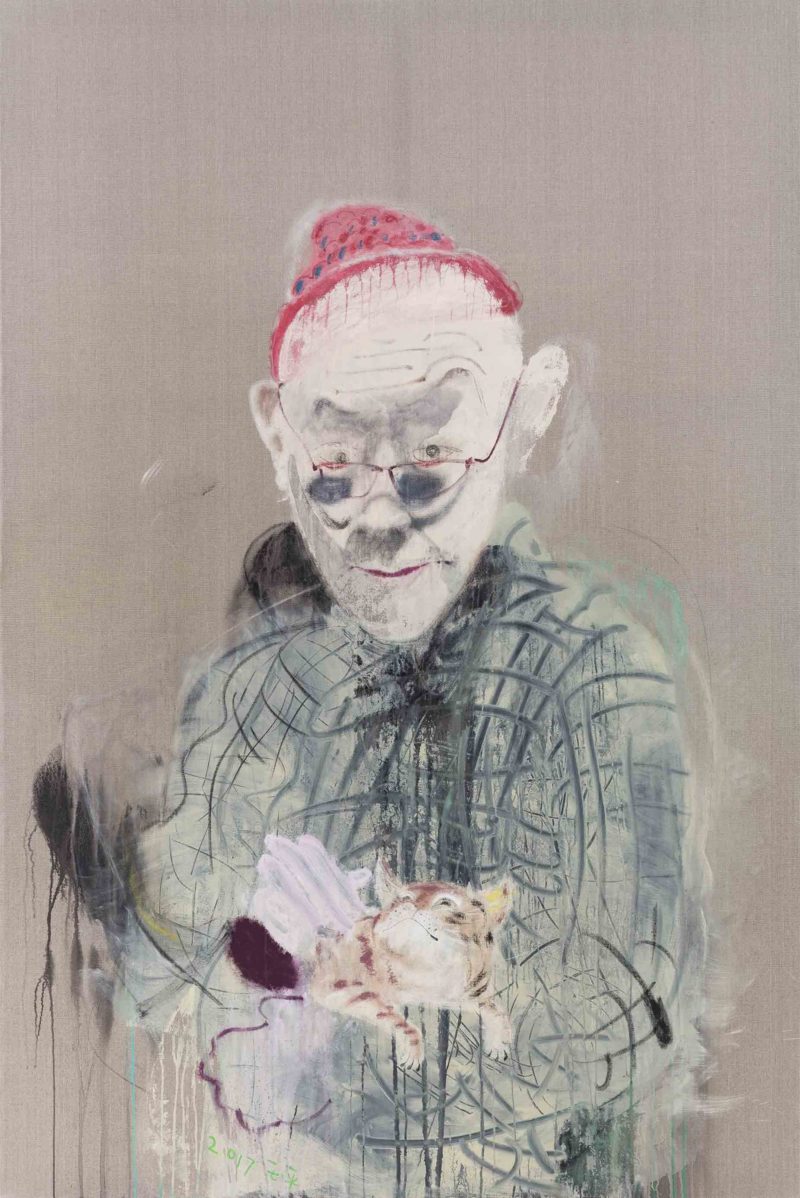 Wang Yuping – Self-portrait holding a cat, 2017, acrylic and oil pastels on canvas, 240 x 160 cm