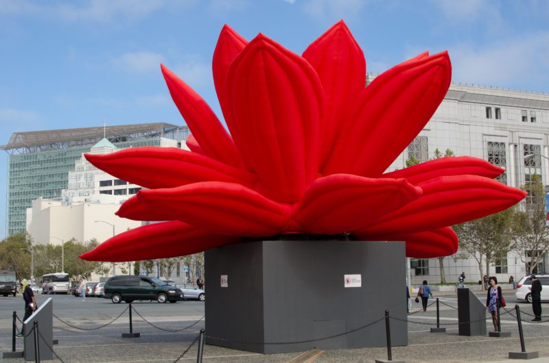 Choi Jeong Hwa - Breathing Flower, 2012, fabric, LEDs, motor, installation view, Civic Center, San Francisco, 2012