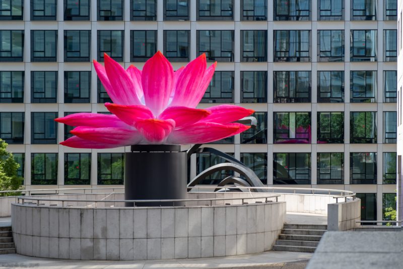 Choi Jeong Hwa - Breathing Flower, 2019, fabric, blower, LED lighting, steel, wooden structure, installation view, La Défense, Paris, 2019