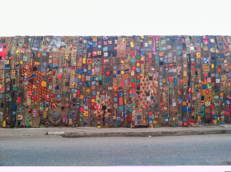 Ibrahim Mahama - Social Reality, 2014, James Town, Accra, Ghana, fabric made from coal sacks and wax print panels, detail
