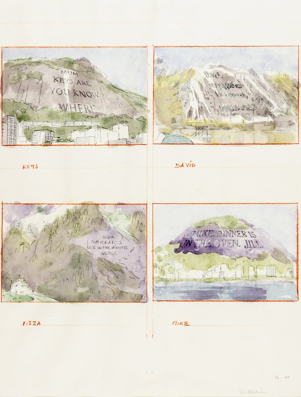 Wim Delvoye - Mountains - Keys, David, Pizza, Mike, 2000, watercolour and colour pencil, 60 x 50 cm