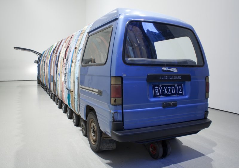Yin Xiuzhen – Collective Subconscious, 2007, Minibus, stainless steel, used clothes, stools, music, 1420 x 140 x 190 cm, Museum of Modern Art, New York