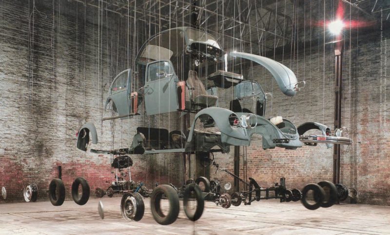 Damián Ortega – Cosmic Thing, 2002, Volkswagen Beetle 1983, stainless steel wire, acrylic, 50th Venice Biennial, 2003