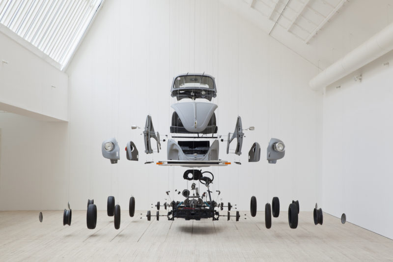 Damián Ortega – Cosmic Thing, 2002, Volkswagen Beetle 1983, stainless steel wire, acrylic, Malmø Kunsthal, Sweden Photo: Helene Toresdotter/konsthall.malmo.se