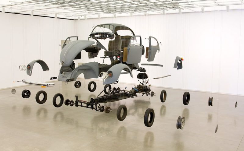 Damian Ortega – Cosmic Thing, 2002, Volkswagen Beetle 1983, stainless steel wire, acrylic, exhibition ‘Do It Yourself’ at Institute of Contemporary Art, Boston, 2009