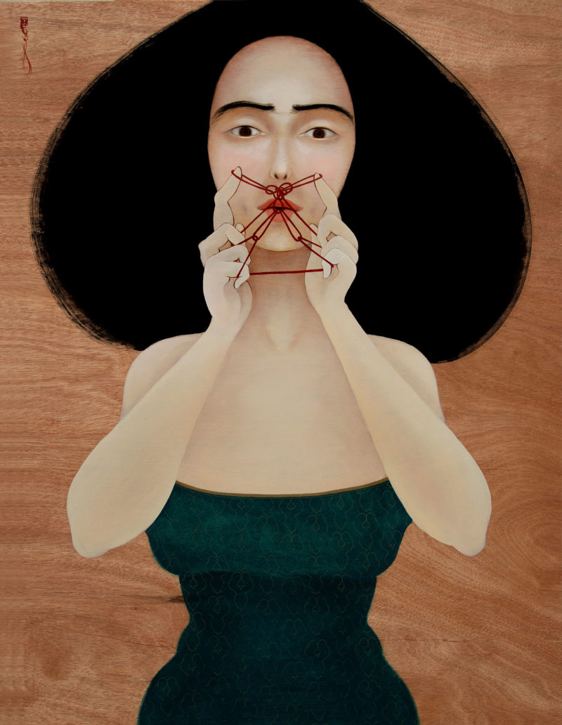 Hayv Kahraman - Threading My Mustache, 2010, Oil on wooden panel, 112x87cm