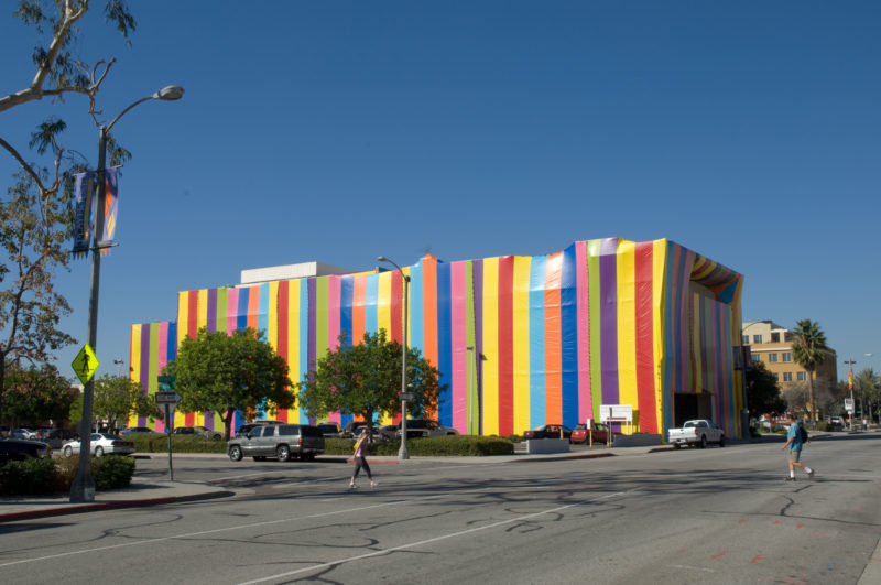 Susan Silton - Inside Out, 2007, site-specific installation at Pasadena Museum of California Art, vinyl tarps, sandbags, pony clips