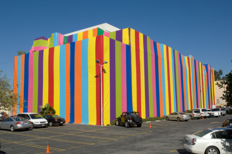 Susan Silton - Inside Out, 2007, site-specific installation at Pasadena Museum of California Art, vinyl tarps, sandbags, pony clips