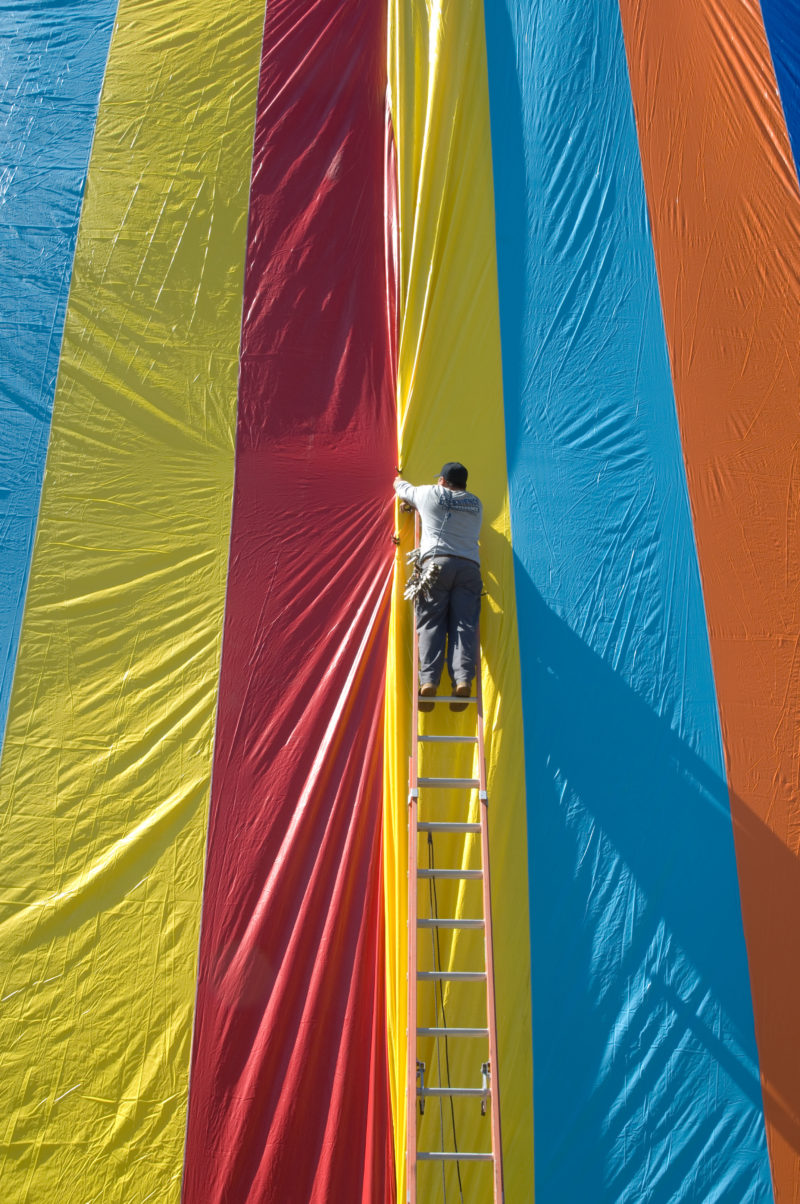 Susan Silton - Inside Out, 2007, site-specific installation at Pasadena Museum of California Art, vinyl tarps, sandbags, pony clips