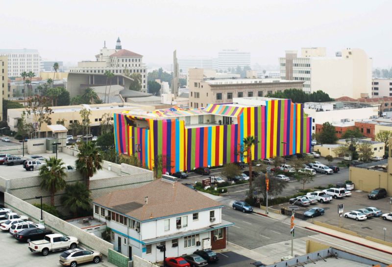 Susan Silton - Inside Out, 2007, site-specific installation at Pasadena Museum of California Art, vinyl tarps, sandbags, pony clips. Photo Robert Wedemeyer