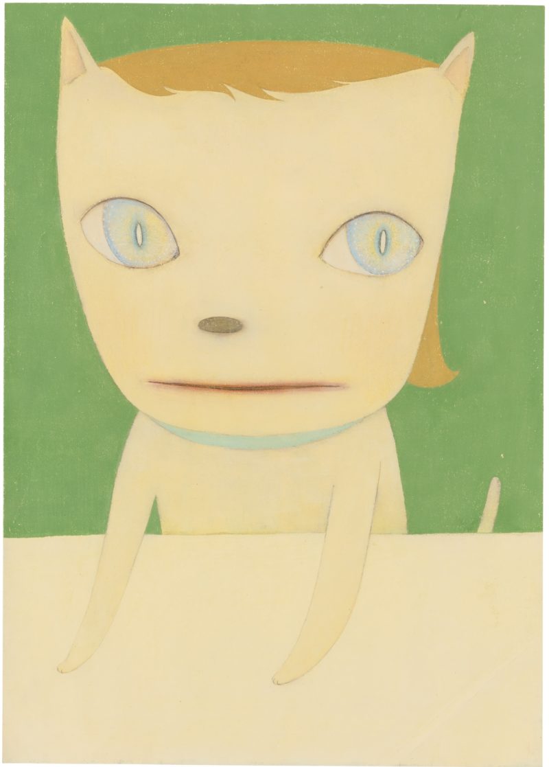 Yoshitomo Nara - Big Eyed Cat, 2003, acrylic and pigment on printed paper, 30 by 22 in. 76.2 by 55.9 cm