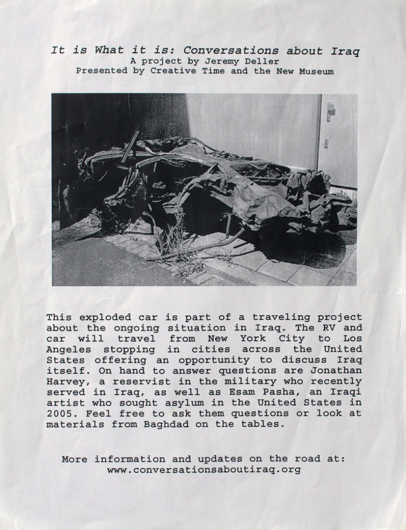 Jeremy Deller – It is what it is- Conversations About Iraq, 2009, Flyer given to members of the public during the destroyed car's tour across the US