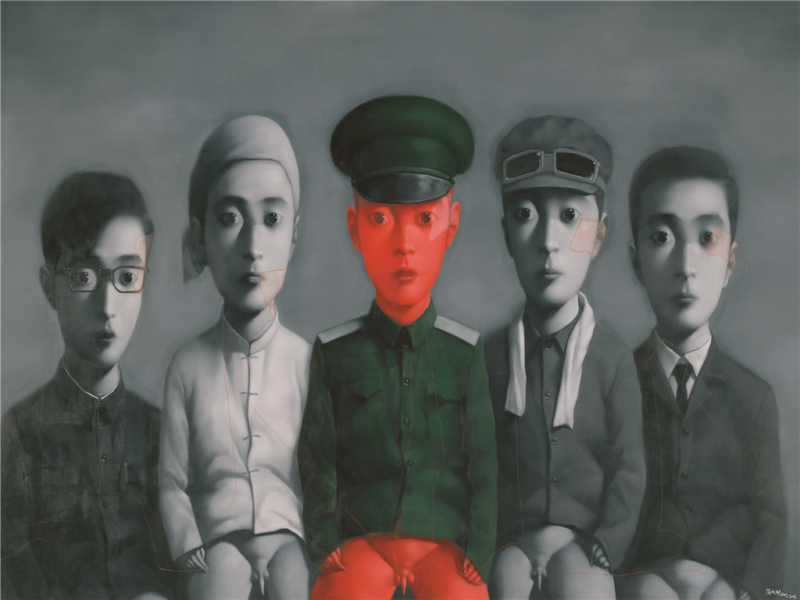 Zhang Xioagang - Bloodline Series - My Ideal Job — Worker, Peasant, Businessman, Student, Soldier), 2008, oil on canvas, 280x500cm
