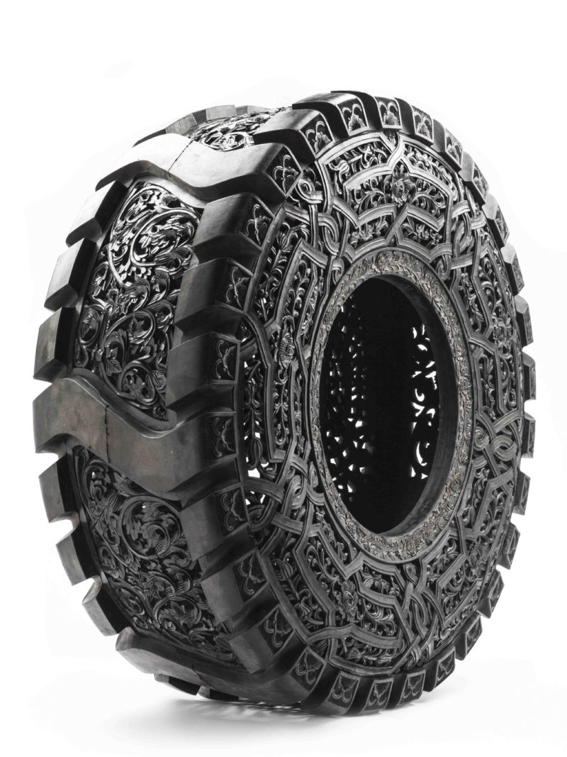 Wim Delvoye - Untitled (Car Tyre), 2013, hand carved car tyre, 148 x 60 cm