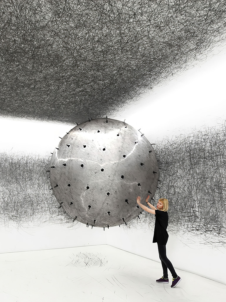 Karina Smigla-Bobinski – ADA, 2010, sphere, helium, charcoal, installation view, Garage Museum of Contemporary Art, Moscow, Russia, 2013 feat