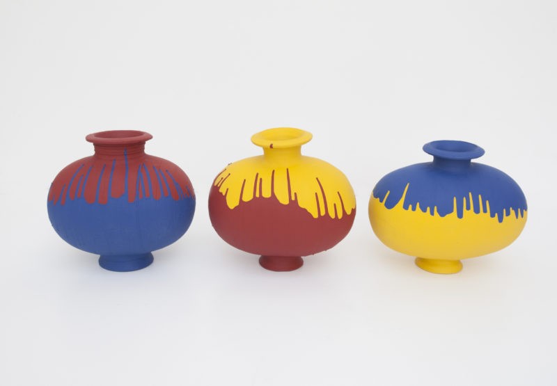 Ai Weiwei - Colored Vases , 2014 Han dynasty vases (206 BC - 220 AD) and industrial paint, 11.5 x 9 x 13 in, 11.5 x 9 x 12.5 in, 12.5 x 9.5 x 13 inches, Haines Gallery