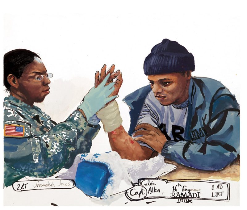 Steve Mumford - Capt. Calvin Allen, 16 Engineers, 1st Armored Division, receives therapy to his wounded hand at Walter Reed Army Medical Center, 2006. Ink, watercolor, and gouache on paper