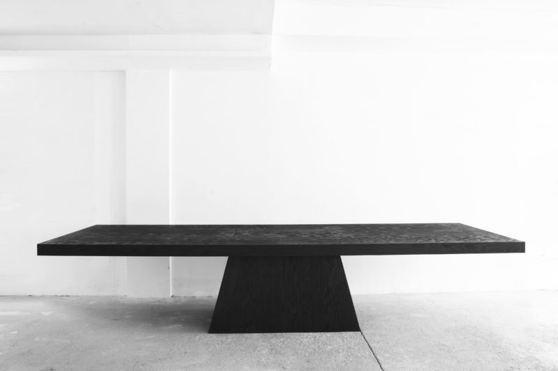 Rick Owens - Plug Table, 2012, Petrified wood base, black plywood, plan top, 110x100x360cm