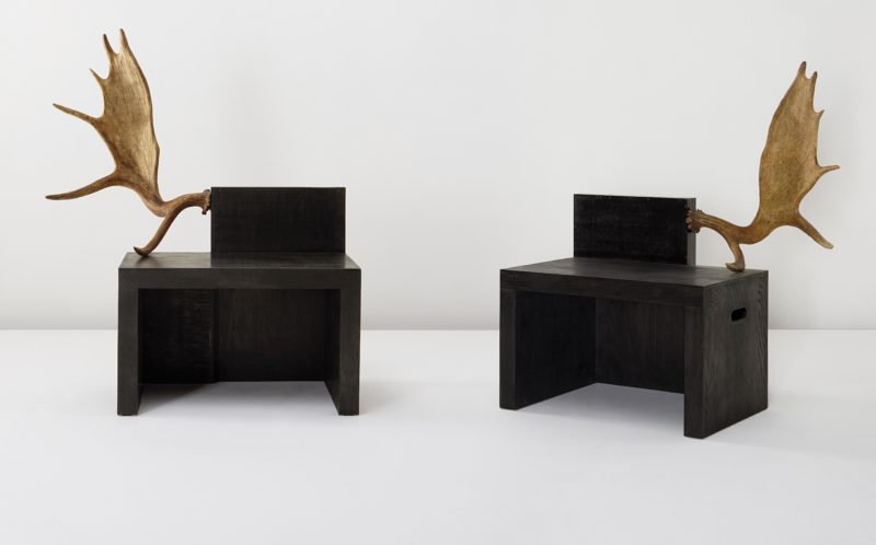 Rick Owens - Stag Bench (pair), 2006, Black Plywood, stained wood, fallow deer antlers, Edition of 20, 135.9x112.4x72.4 cm, 126x109.2x71.8 cm