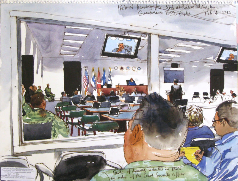 Steve Mumford - 2:4:13, Pretrial hearing for Abd al Rahim al Nashiri, Guantanamo Bay, Cuba, 2013, ink and wash on paper, 34x46.7cm