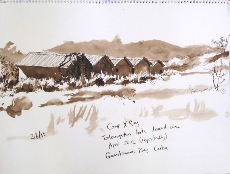 Steve Mumford - 2:6:13, Camp X-Ray, Interrogation huts disused since April 2002 (reportedly), Guantanamo Bay, Cuba, 2013, ink and wash on paper, 34x46.7cm
