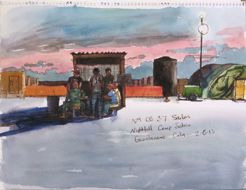 Steve Mumford - 2:6:13, NM CB 2-7 Sailors, Nightfall Camp Justice. Guantanamo Bay, Cuba , 2013, ink and wash on paper, 34x46.7cm