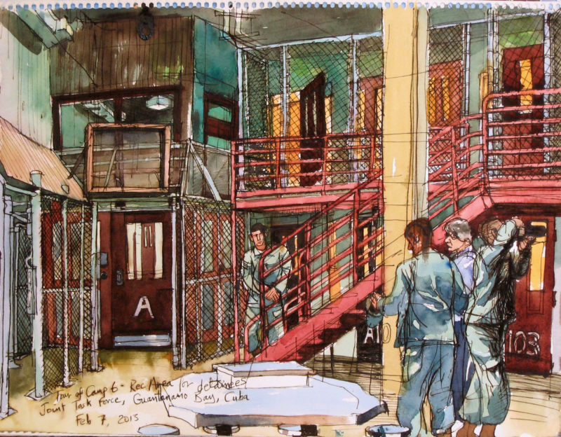 Steve Mumford - 2:7:13, Tour of Camp 6 - Rec area for detainees, Joint Task Force, Guantanamo Bay, Cuba, 2013, ink and wash on paper, 35x45.7cm