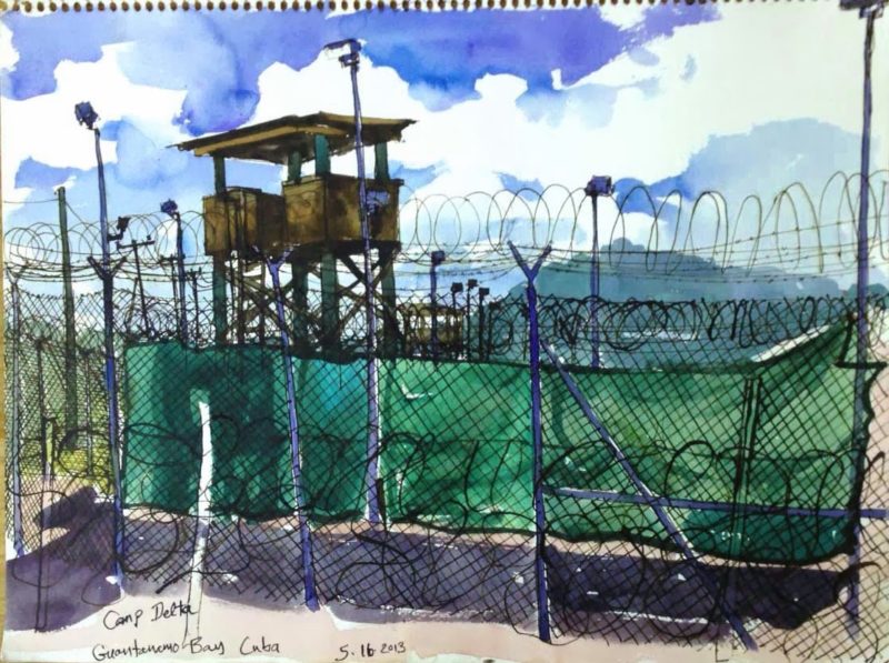 Steve Mumford - 5:16:13 Camp Delta, Guantanamo Bay, Cuba, 2013, ink and wash on paper, 34x46.7cm
