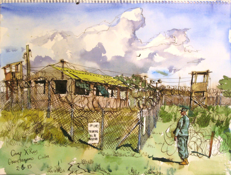 Steve Mumford - 5:17:13, Guantanamo Bay Naval Base, Cuba, 2013, ink and wash on paper, 34x46.7cm