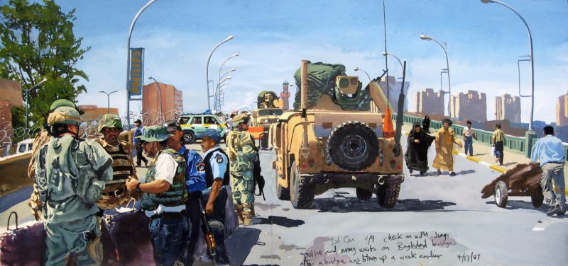 Steve Mumford - A patrol from 1st Cav 4:9 checks in with Iraqi checkpoints throughout Haifa Street and Khark in Baghdad in 2007, 2007; ink, watercolor and gouache on paper