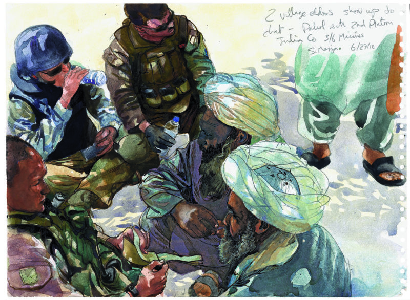 Steve Mumford - A patrol from India Co, 3:6 Marines get a visit from a couple of tough old Afghans, possibly Taliban themselves, 2010; ink, watercolor and gouache on paper