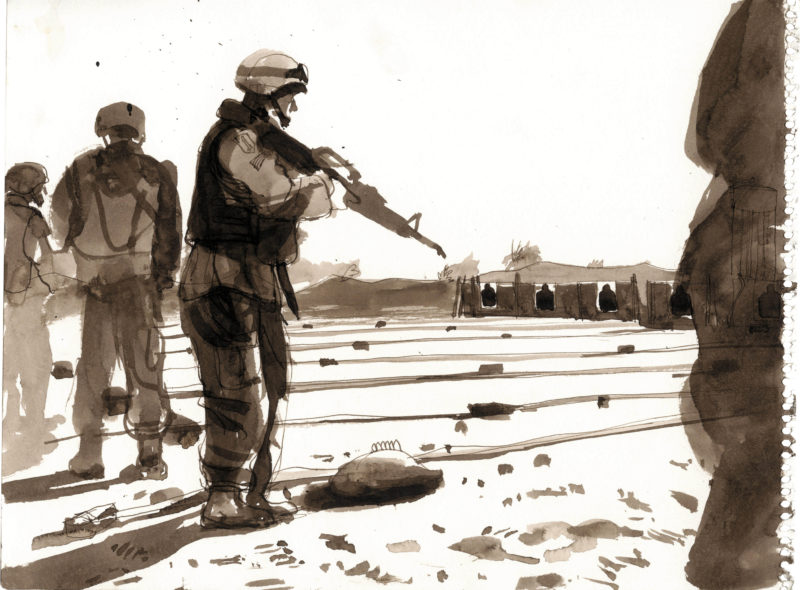 Steve Mumford - Target practice, 1st Platoon Charlie Battery at FOB Warhorse, Baquabah, July 2004, 2004, Ink on paper, 31x40.5cm