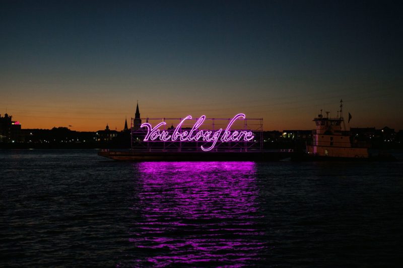 Tavares Strachan - You Belong Here, 2014, blocked out neon, 9.1x24.4m