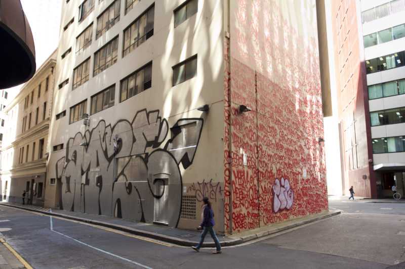 Amaze silver throw up and Barry McGee - Tag Mural in Sydney, Australia, 2011-2012, Tank Stream Way