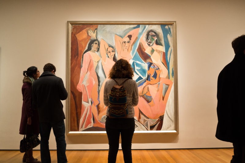 Pablo Picasso - Les Demoiselles d'Avignon, 1907, oil on canvas, 243.9 cm × 233.7 cm (96 in × 92 in), installation view, Museum of Modern Art, New York