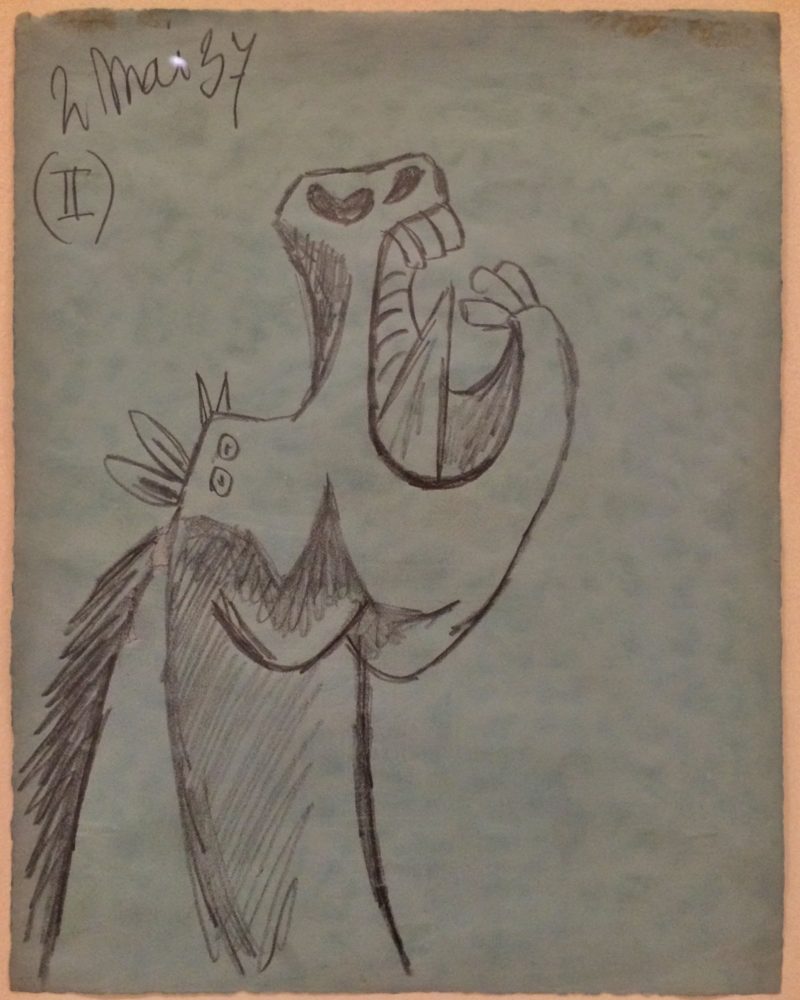 Pablo Picasso – Study for the Horse Head [II], sketch for Guernica, 2 May 1937, drawing, installation view, Museo Reina Sofía, Madrid, Spain