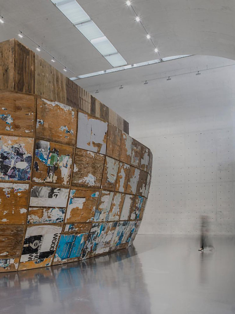 Mark-Bradford-–-Mithra-2008-plywood-shipping-containers-steel-2133.6-x-609.6-x-762-cm-installation-view-Long-Museum-Shanghai-China-2019