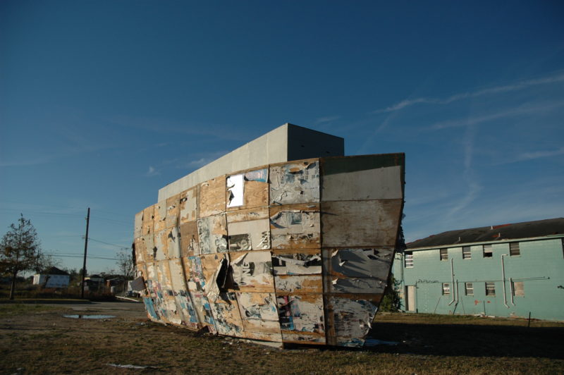 Mark Bradford – Mithra, 2008, plywood, shipping containers, steel, 2133.6 x 609.6 x 762 cm, installation view, Prospect.1, New Orleans