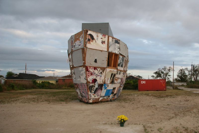 Mark Bradford – Mithra, 2008, plywood, shipping containers, steel, 2133.6 x 609.6 x 762 cm, installation view at Prospect.1, New Orleans