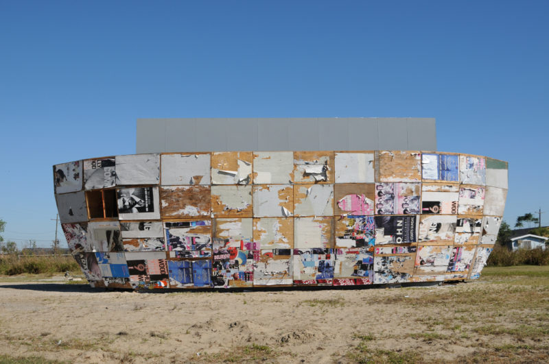 Mark Bradford – Mithra, 2008, plywood, shipping containers, steel, 2133.6 x 609.6 x 762 cm, installation view at Prospect.1, New Orleans