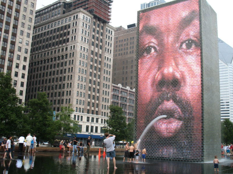 Jaume Plensa - Crown Fountain, 2004, Glass, stainless steel, LED screens, light, wood, black granite and water, 16 m, Millennium Park, Chicago, Illinois, USA