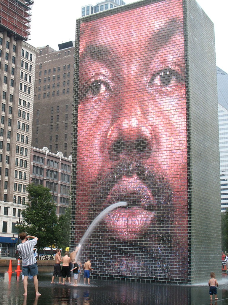 Jaume Plensa's giant Crown Fountain sculpture in Chicago spits out water