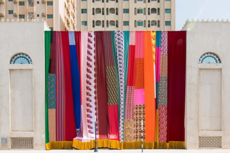 Joe Namy - Libretto-o-o- A Curtain Design in the Bright Sunshine Heavy with Love, 2017. Curtain, Stereo Sound. Commissioned by Sharjah Art Foundation
